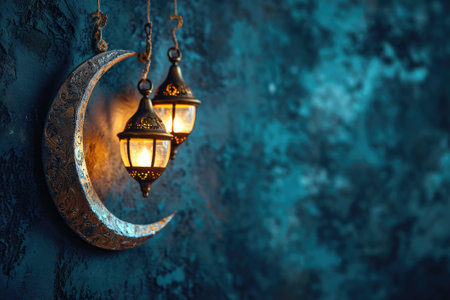 Ornamental Arabic lantern with burning candle glowing at night. Muslim holy month Ramadan Kareem.の素材