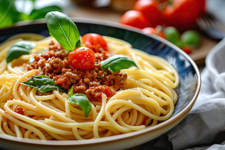 Traditional pasta spaghetti bolognese in plateの素材