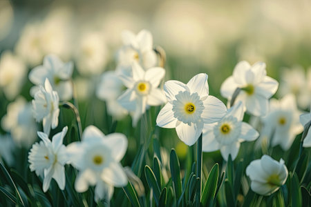 White daffodils in a flower garden in spring.の素材