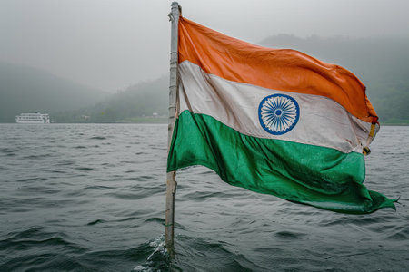Indian flag waving by the seaの素材