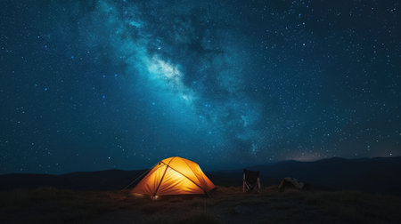 Illuminated tent under glowing night sky with stars and milky way. Tourist equipment for camping.の素材