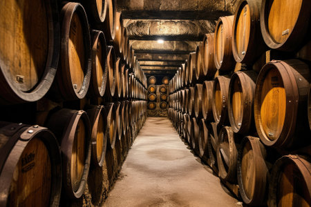 Wooden oak Port barrels in neat rowsの素材