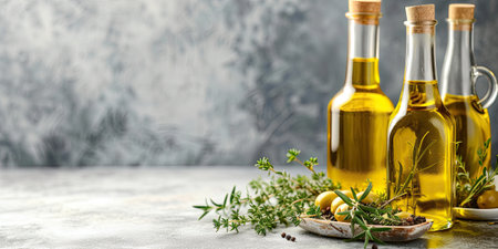 Golden olive oil and vinegar bottles with thyme and aromatic herb leavesの素材