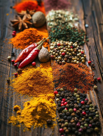Colorful spices and herbs on a wooden background.の素材