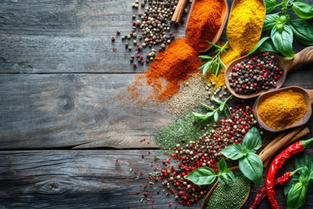 Colorful spices and herbs on a wooden background.の素材
