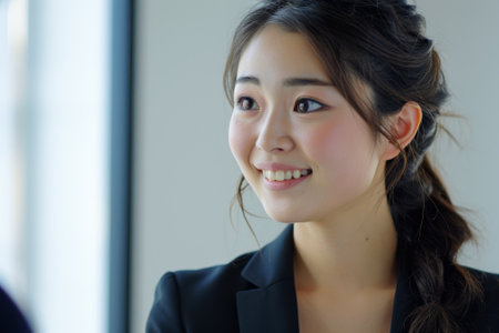 Young Japanese smiling woman in jacket. Business friendly negotiationsの素材