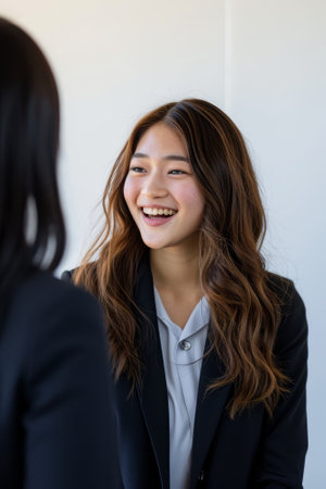 Young Japanese smiling woman in jacket. Business friendly negotiationsの素材
