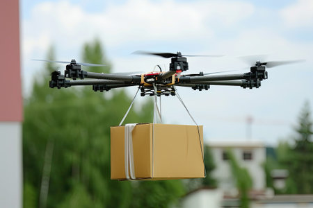 A drone carrying a package ready for delivery.の素材