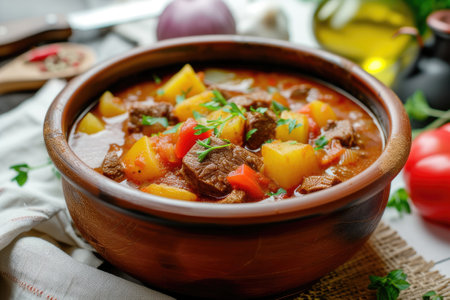 Beef goulash, soup and a stew, made of beef chuck steak, potatoes and plenty of paprika. Hungarian traditional mealの素材