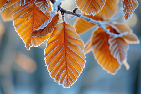 Orange beech leaves covered with frost in late fall or early winter.の素材