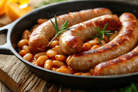 Grilled sausages with baked white beans in tomato sauce in frying panの素材
