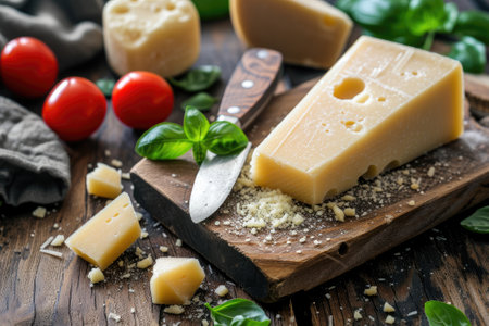 Parmesan cheese with knife on wooden boardの素材