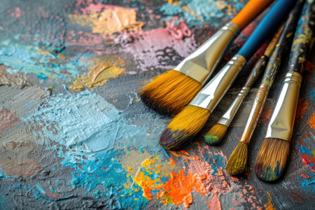 Paint brushes on creative oil abstract paint background.の素材