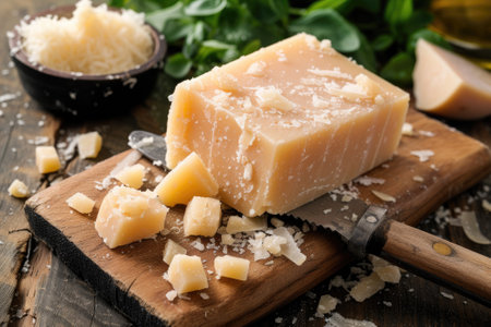 Parmesan cheese with knife on wooden boardの素材