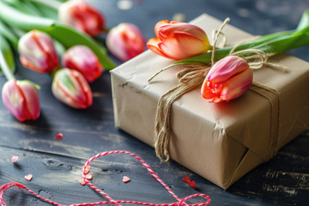 Gift with bow and tulips. Happy Valentines day and love decoration concept.の素材