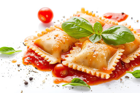 Ravioli with tomato sauce and basil on white backgroundの素材