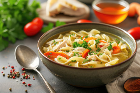 Homemade chicken noodle soup with vegetables and spices in a bowl. Healthy food conceptの素材