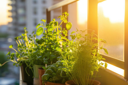 Fresh herbs grow in containers on a city balcony in sunlight.の素材