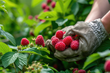 Raspberry harvest in the garden.の素材