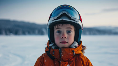 Child with helmet during winter sports activities, skiing or skatingの素材