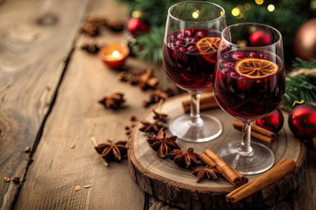 Christmas mulled red wine with spices and fruits on a wooden rustic table. Traditional hot drink at Christmas timeの素材