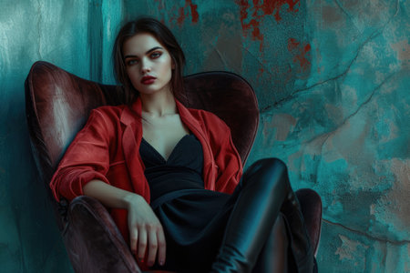 Portrait of a stunning fashionable model sitting in a chair, fashion campaign.の素材