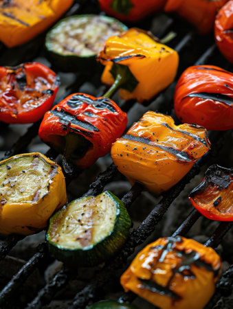 Grilled vegetables on a grill, red pepper and yellow pepper, zucchiniの素材