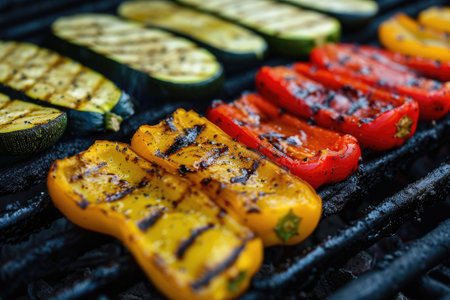 Grilled vegetables on a grill, red pepper and yellow pepper, zucchiniの素材