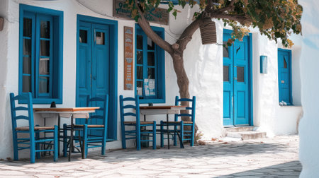 Greek culture with traditional white and blue greek architecture, taverna.の素材