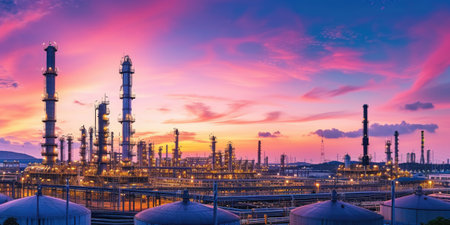 Oil and gas power plant refinery with storage tanks facility for oil productionの素材