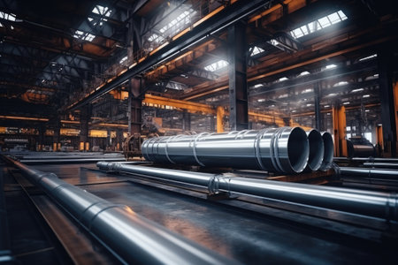 Steel pipes inside the factory or warehouse. Industrial productionの素材