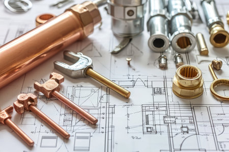 Plumbing tools and materials on paper plansの素材