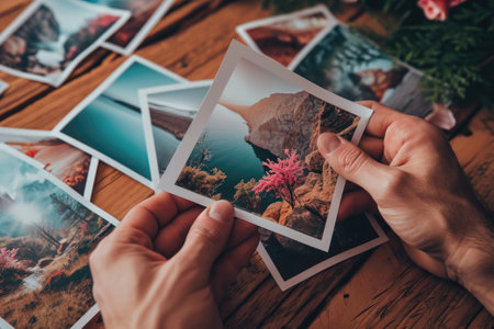 Male hands holding printed vacation photos. Memories of a holiday by the sea.の素材