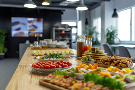 Catering in the office. Table with canapes and various snacks served on the background of a business meeting.の素材