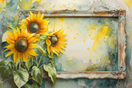 Watercolor frame decorated with sunflowersの素材
