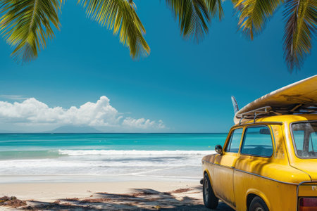 An old car parked on a tropical beach with a surfboard on the roof.の素材
