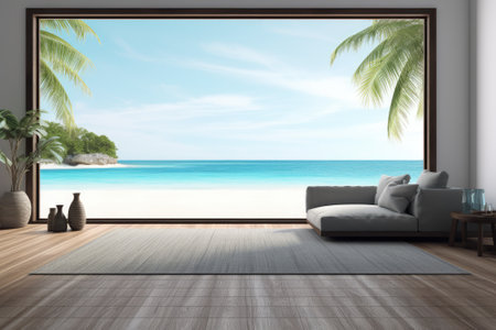 Sea view empty large living room of luxury summer beach house with wooden terrace. Minimal home interior with beach and sea view.の素材