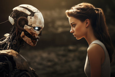 Young woman and a humanoid robot looking at each otherの素材