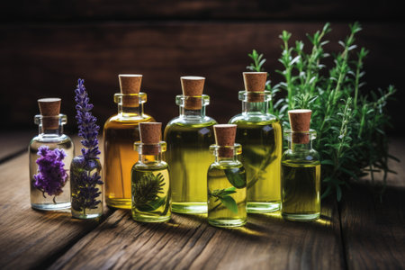 An assortment of essential oil bottles with fresh plants such as lavender, peppermint and rosemaryの素材