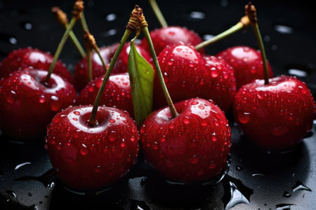 Water droplets on red ripe cherries on black backgroundの素材