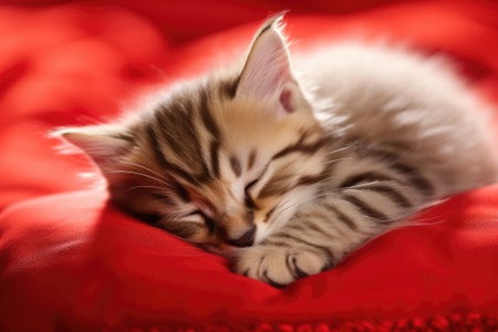 Kitten sleeping on the red heart-shaped pillowの素材