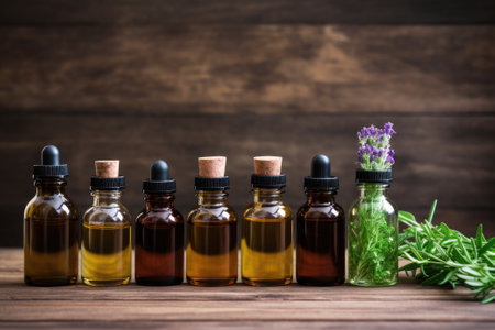 An assortment of essential oil bottles with fresh plants such as lavender, peppermint and rosemaryの素材