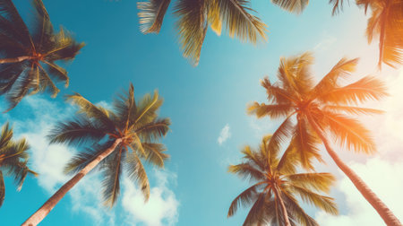Blue sky and palm trees view from below, vintage style, tropical beach and summer background, travel conceptの素材