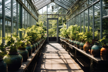 Rows of potted plants under greenhouse glass panels. Preparation for planting in springの素材