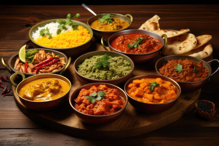 Traditional Indian dishes on the wooden table, selection of assorted spicy foodの素材