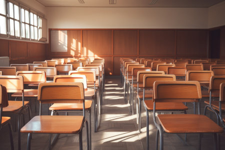 Empty classroom. Back to school concept in high school. Vintage wooden chairs and desks. Studying lessons in secondary education.の素材