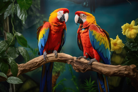 Two parrots sitting together on a branch in the rainforest. Colorful scarlet macaw parrots.の素材