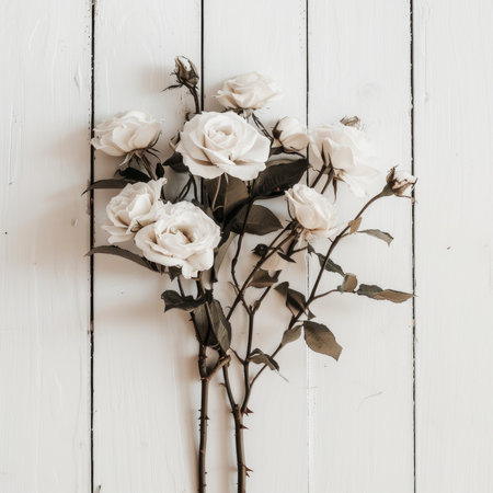 A bouquet of white roses on a white wooden backgroundの素材