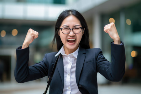 Successful cheering Asian businesswoman is satisfied with the results of the achievementの素材