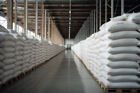 Rows of big white sacks at large warehouse in modern factory.の素材